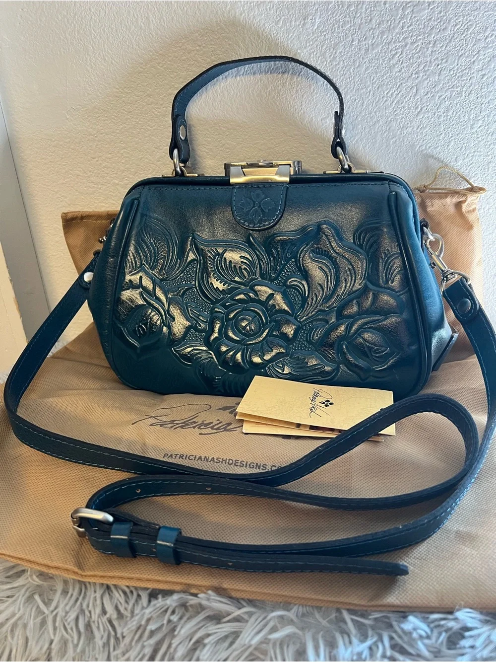 Patricia Nash Dark Teal Embossed Floral Leather Satchel